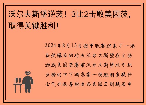 沃尔夫斯堡逆袭！3比2击败美因茨，取得关键胜利！